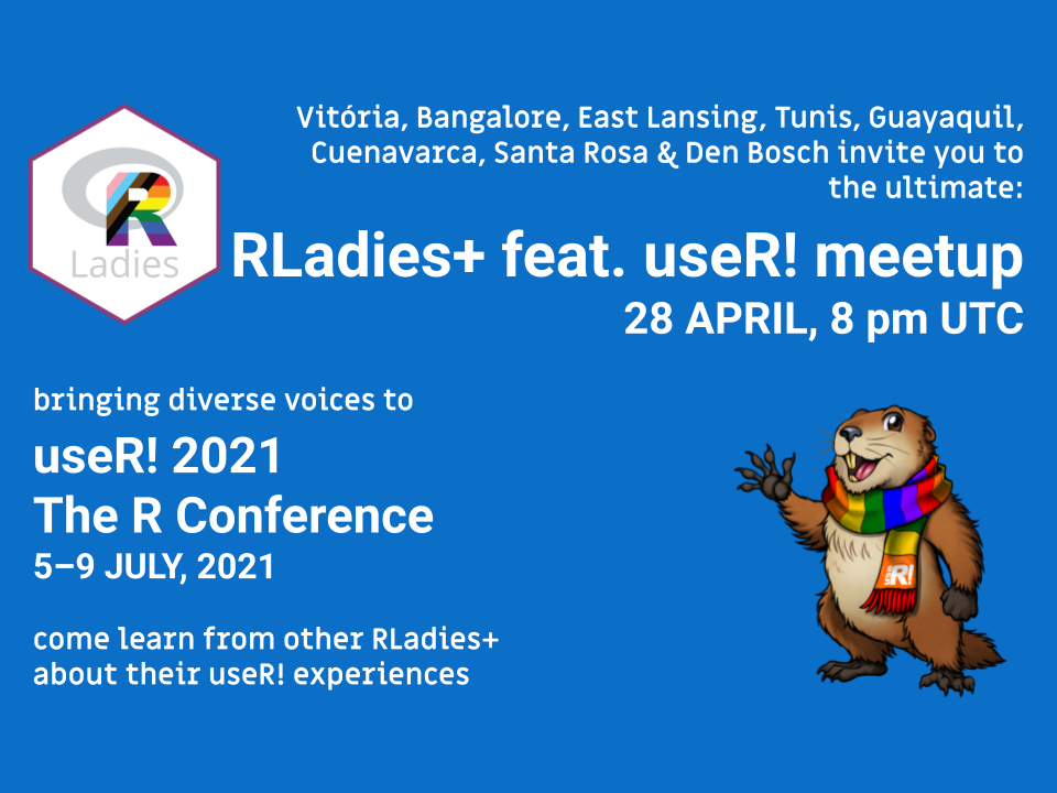 Promotional image for an RLadies+ feat. user! meetup on April 28th at 8 pm UTC. The meetup is associated with the user! 2021 The R Conference, which will take place from July 5-9, 2021. The event is hosted by RLadies+ chapters in Vitória, Bangalore, East Lansing, Tunis, Guayaquil, Cuenavarca, Santa Rosa & Den Bosch and aims to bring diverse voices to the user! conference, inviting attendees to learn from other RLadies+ about their user! experiences. The image features the RLadies logo (a stylized pink hexagon containing a white “R” and the word “Ladies” in pink) on the left and an illustration of a smiling marmot wearing a colorful scarf with the “R” logo on its chest on the right. The background is a solid blue.